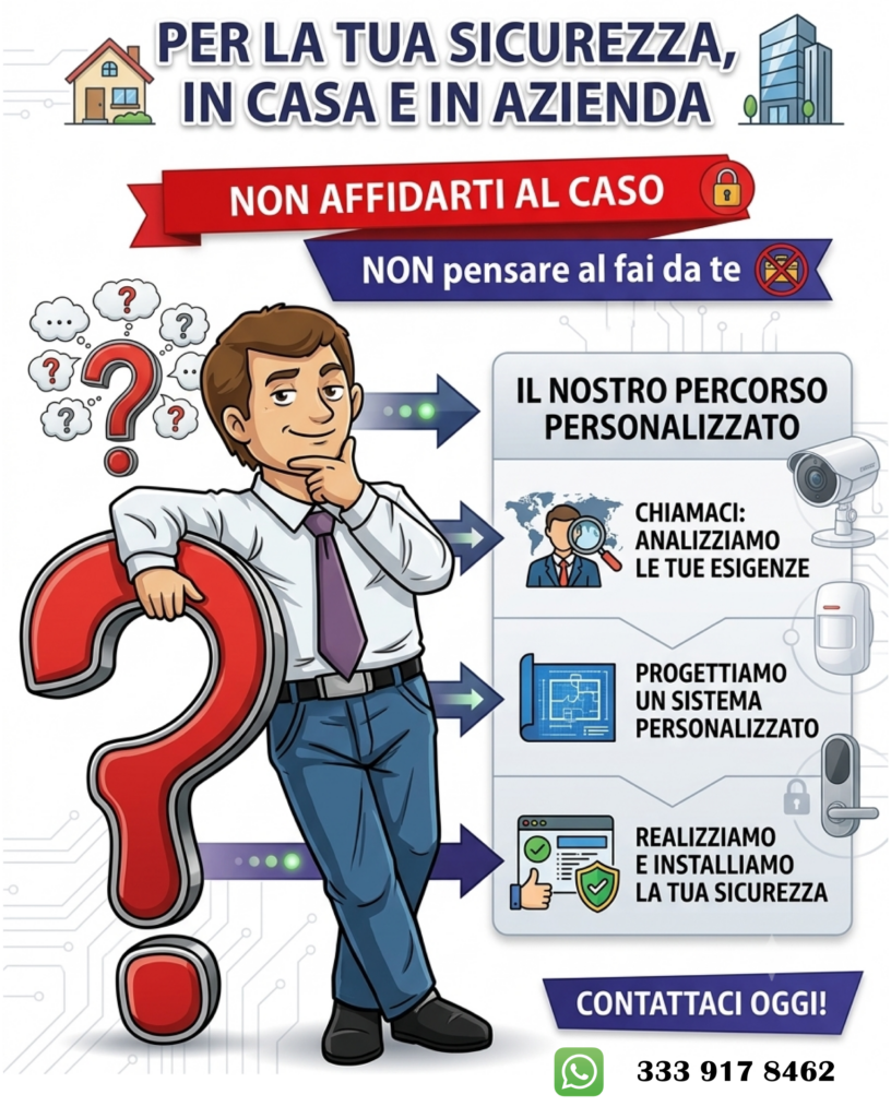 Per la tua sicurezza in casa e azienda. Non affidarti al caso. Non pensare al fai da te Il nostro percorso personalizzato Chiamaci analizziamo le tue esigenze Progettiamo un sistema personalizzato realizziamo e installiamo la tua sicirezza Contattaci oggi - WhatsApp 333 p17 84 62